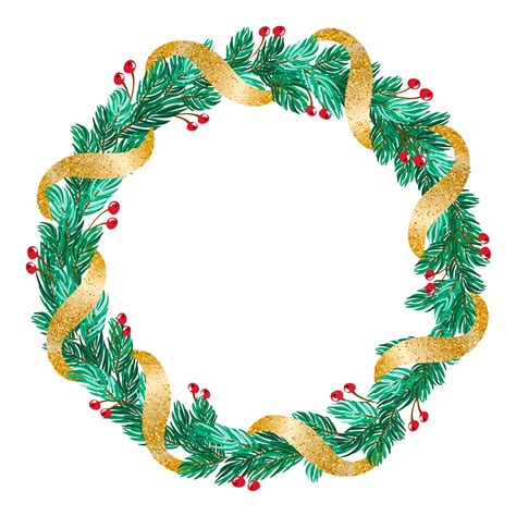 Premium Vector | Green christmas wreath with golden ribbon and decorations