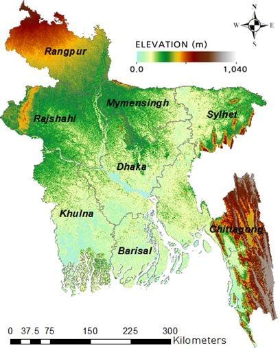 Elevation map of Bangladesh (data source: https://SRTM.csi.cgiar.org). | Download Scientific Diagram