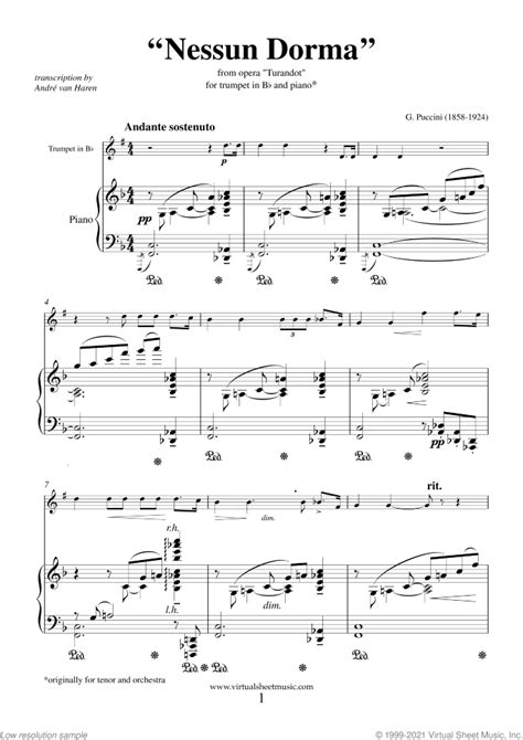 Nessun Dorma, from the opera Turandot sheet music for trumpet and piano