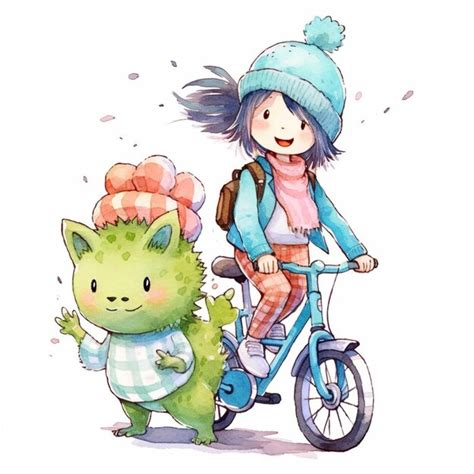 Premium AI Image | cartoon of a girl riding a bike with a cat and a cat ...