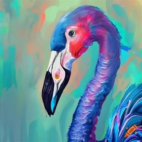 Vibrant painting of a blue flamingo