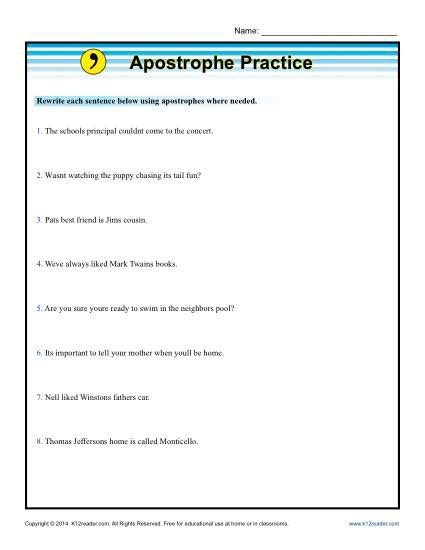 Apostrophe Practice | Punctuation Worksheets | Punctuation worksheets, Apostrophes, Worksheets