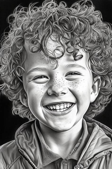 Curly boy. Smiling. Coloring page. For adult | Realistic face drawing ...