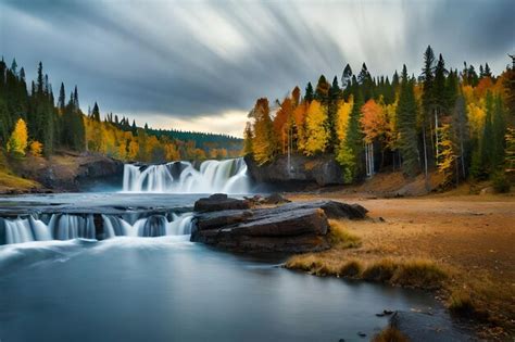 Premium AI Image | a waterfall in the forest with a cloudy sky