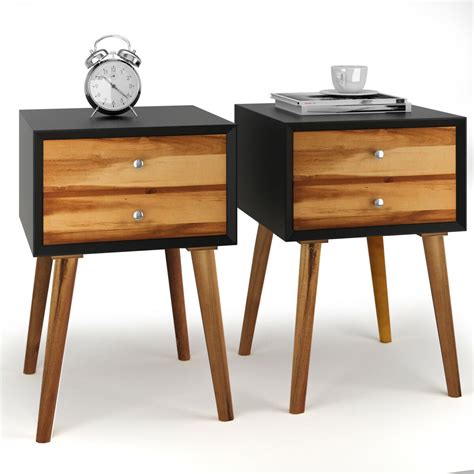 Gymax 2PCS Wooden Nightstand Mid-Century End Side Table Living Room W/2 ...