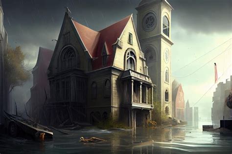 Premium AI Image | City buildings and inhabitants at time of flood consequences