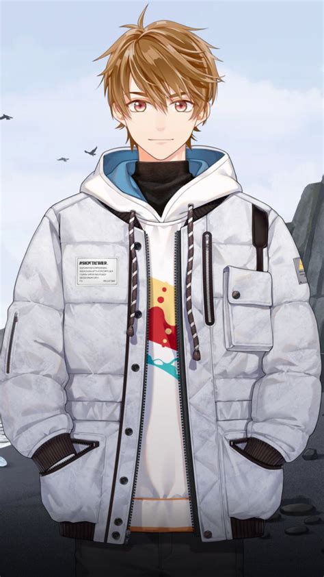 an anime character wearing a jacket and standing in front of a mountain ...