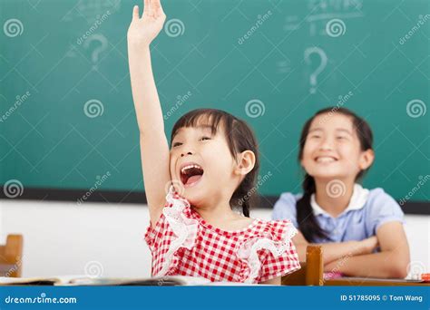 Happy Children Raised Hands in Class Stock Image - Image of person ...