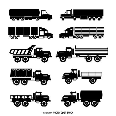 Set of isolated truck silhouettes featuring different types of trucks and vehicles. Silhouette ...