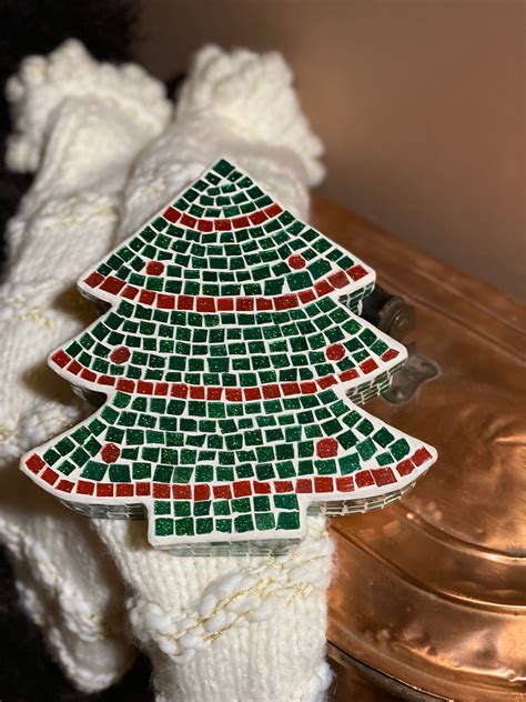 Christmas Tree Mosaic Box, Holiday Gift Box, plaster glass mosaic