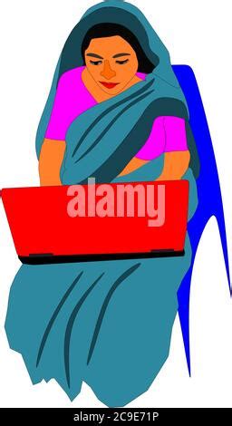 An indian poor village farmer lady cartoon illustration working on computer isolated nature ...