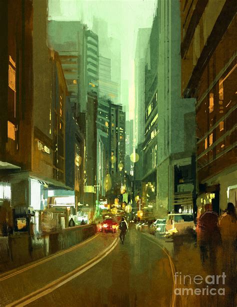 Painting Of Street In Modern Urban City Digital Art by Tithi Luadthong - Pixels