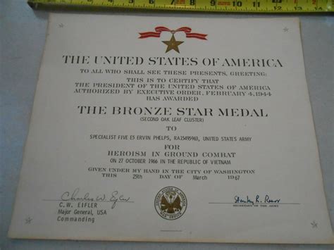 RARE ORIGINAL 1967 VIETNAM BRONZE STAR MEDAL CERTIFICATE NAMED ARMY ...