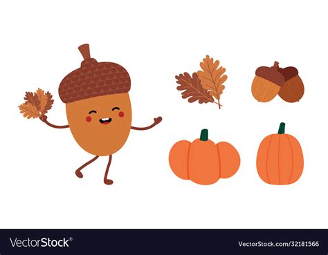 Cartoon autumn fall icons with acorn character Vector Image