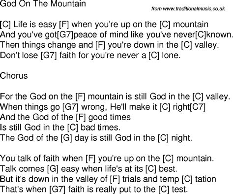 Old time song lyrics with guitar chords for God On The Mountain C