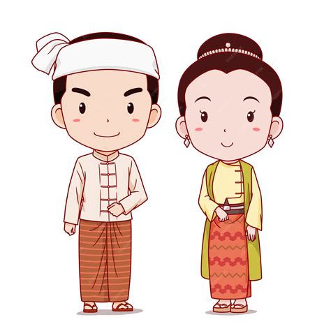 Premium Vector | Couple of cartoon characters in Myanmar traditional ...