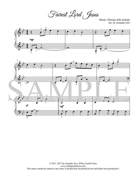 Fairest Lord Jesus hymn intermediate piano sheet music solo - Melody ...