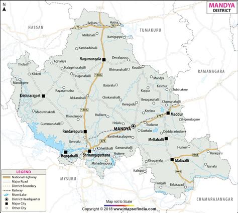 District map of Mandya showing major roads, district boundaries, headquarters, rivers and other ...