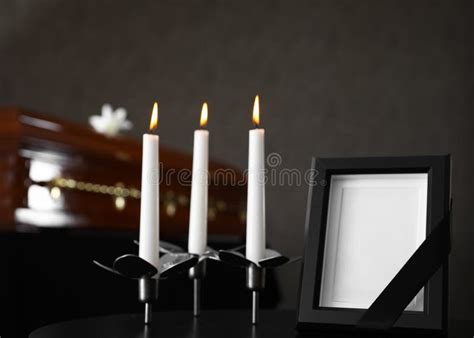 Black Photo Frame with Candles on Table in Funeral Home Stock Photo - Image of bokeh, dark ...