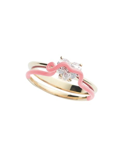 Heart Diamond Ring with Light Pink Enamel Vine | Aubade Jewelry