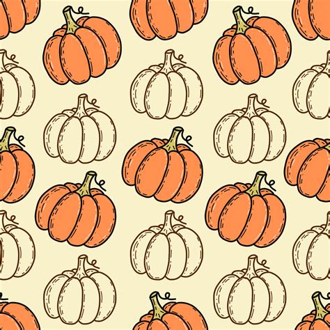 Seamless pattern with hand drawn cute pumpkin in cartoon style. Flat pastel background of ...