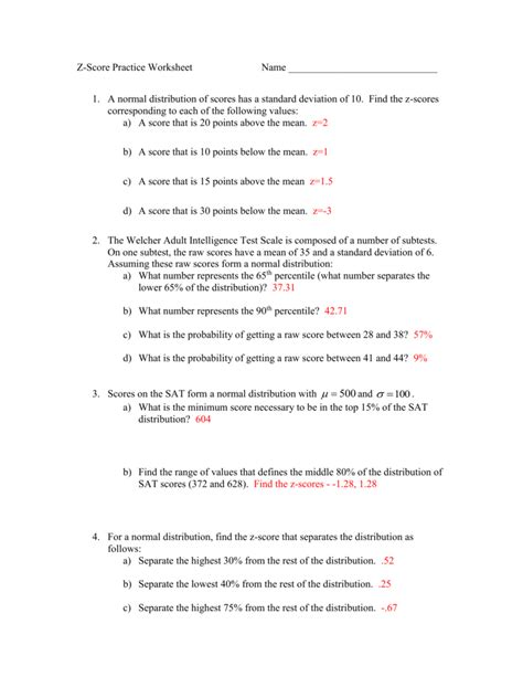 Z Score Practice Worksheet - Zipworksheet.com