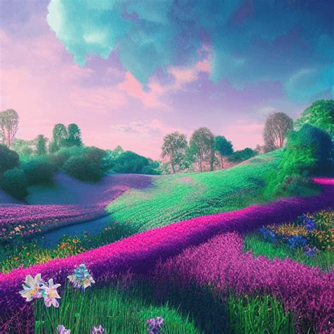 Stunning Spring Hills and Flower Field Scenery · Creative Fabrica