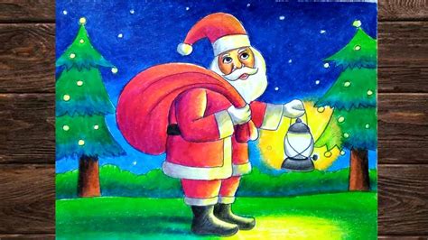 Christmas scenery drawing easy step by step/Santa claus drawing with oil pastels - YouTube