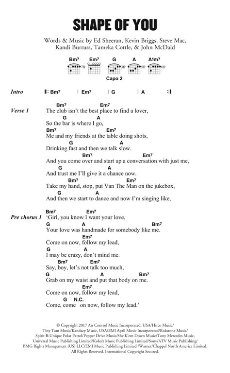 Shape Of You by Ed Sheeran Sheet Music for Guitar Chords/Lyrics at Sheet Music Direct