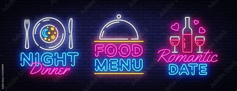 Food night set neon sing, label and logo. Romantic Dinner banner Design template, logo, emblem ...