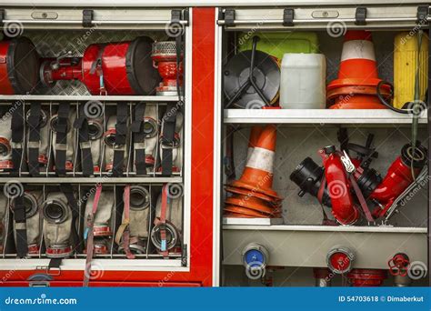 Fire and Rescue Equipment in Fire Engine. Work. Stock Photo - Image of ...