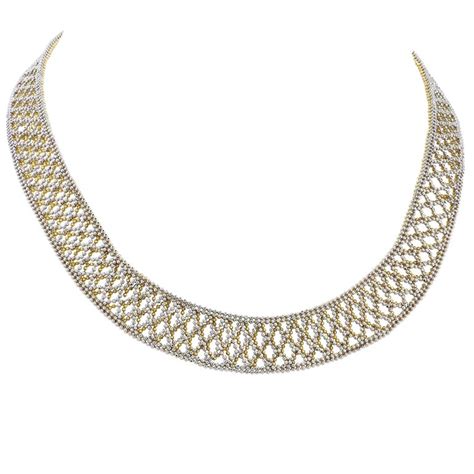 Platinum and 18 Karat Yellow Gold Open Lattice Bead Work Necklace For Sale at 1stDibs