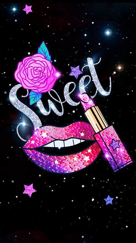 a pink lipstick with glitter on it and the word sweet written in white ...