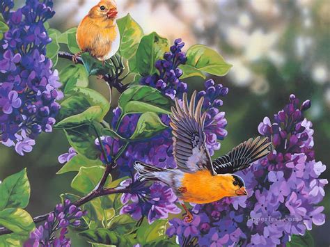 birds and purple flowers Painting in Oil for Sale