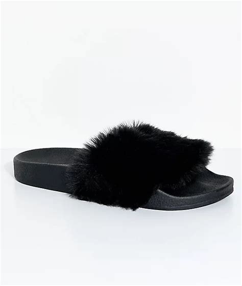 TheWhiteBrand Black Fur Slide Sandals | Zumiez