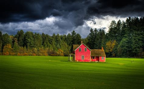 Canada, British Columbia, cloudy sky, forest, farm, red house Wallpaper ...