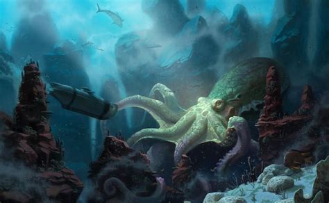 Painting of underwater scene with large octopus