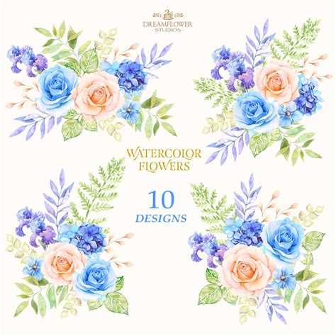 Blue Watercolor Flowers Clipart Blue Flowers Clipart - Etsy