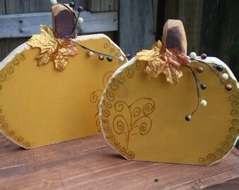 Hand Painted Primitive Halloween WOOD PUMPKINS LOT Of 2 Mustard Yellow Seasonal Fall Home Decor ...