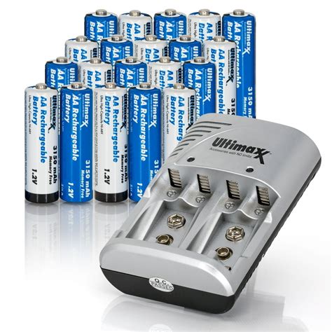 Ultimaxx 3150 mAh Rechargeable AA Batteries, Double A Battery - 20 Pack with NiMH Charger ...