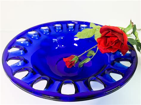 Vintage Blue Glass Bowl w/ Lattice Edge - Retro Home Decor Circa Cobalt ...