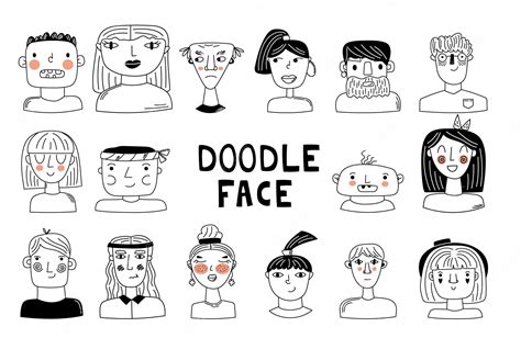 Premium Vector | Set doodle faces black and white doodle avatars vector hand draw illustration