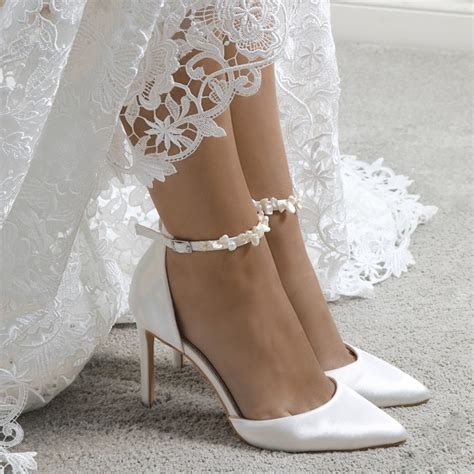 Perfect Bridal Ella Ivory Satin Keshi Pearl Ankle Strap Court Shoes ...