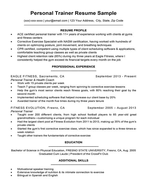 Personal Trainer Resume Sample & Writing Tips | Resume Companion