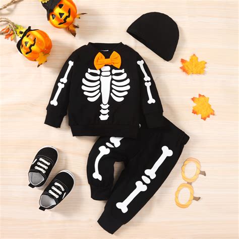 Halloween 3pcs Baby Boy 95% Cotton Long-sleeve Glow In the Dark Skeleton Print Sweatshirt and ...