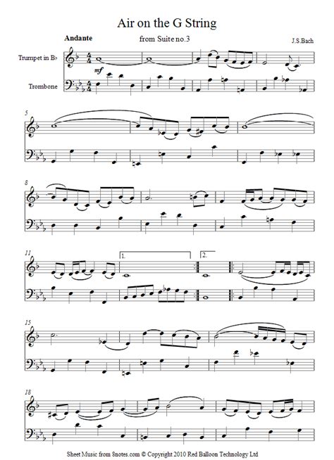 trumpet-trombone duet bach air sheet music - 8notes.com