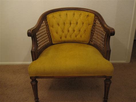 Vintage Gold Velvet Tufted Cane Barrel Arm Chair. | Leather dining chairs modern, Barrel chair ...