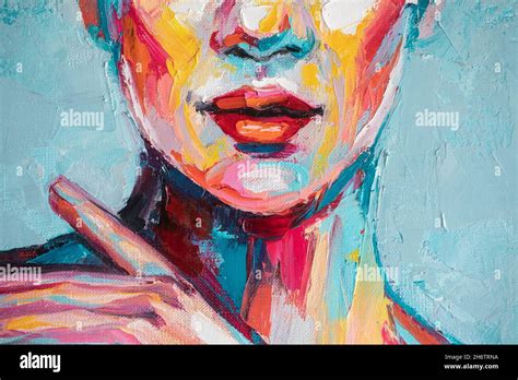 Oil portrait painting in multicolored tones. Abstract picture of a beautiful girl. Conceptual ...