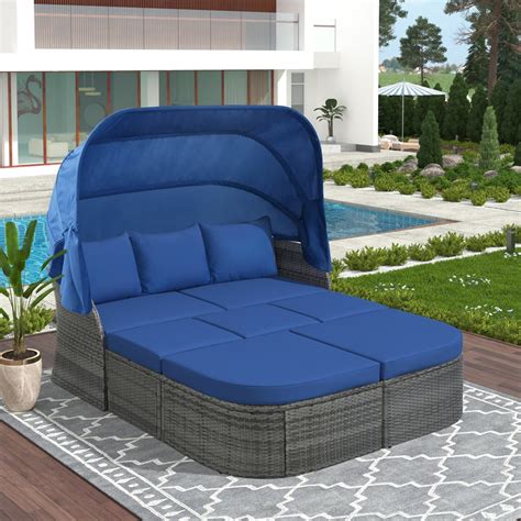 Outdoor Patio Daybed with Retractable Canopy, Wicker Sectional Seating ...