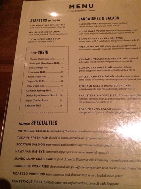 Menu at Houston's steakhouse, Irvine